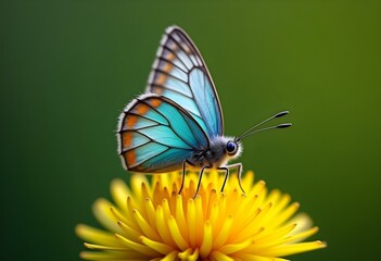 Obraz premium Beautiful Blue Butterfly on a Yellow Dandelion Flower Delicate Insect and Bloom Macro Nature