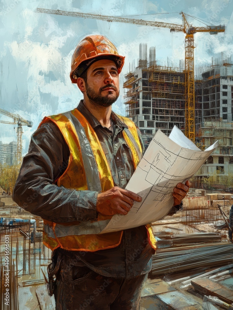 Poster an engineer examines blueprints while on a busy construction site with cranes and partially complete