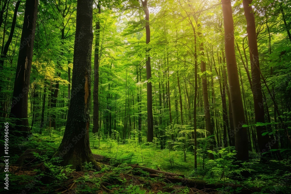 Poster Sunlight streams through the tall trees of a vibrant forest in the early morning, illuminating lush greenery and creating a tranquil atmosphere.