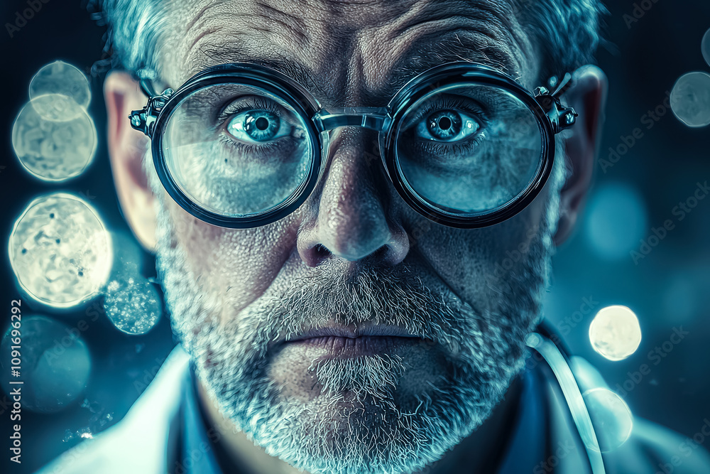Aufkleber man with glasses is staring at the camera. the image has a moody and mysterious feel to it, as if th