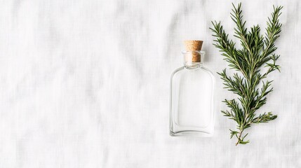 Obraz premium Glass bottle with cork and fresh rosemary on a white linen background