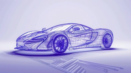 A composition of indigo pencils forming a sleek sports car, highlighted by a subtle indigo glow outline on a pale indigo background