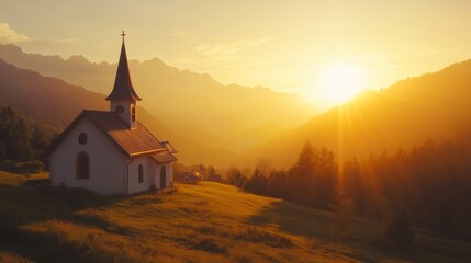 Fototapeta premium Stunning sunrise illuminates a quaint mountain church with glorious golden light
