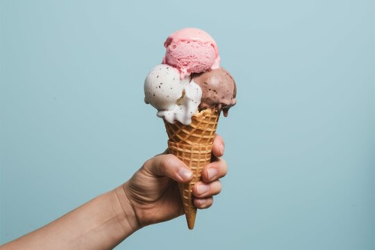 Sweet Summer Treat: A refreshing ice cream cone with three scoops, held in hand against a vibrant, captivating backdrop.