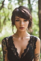Naklejka premium Portrait of a beautiful young woman wearing a black lace dress with tattoos, perfect for fashion or music industry use Generative AI