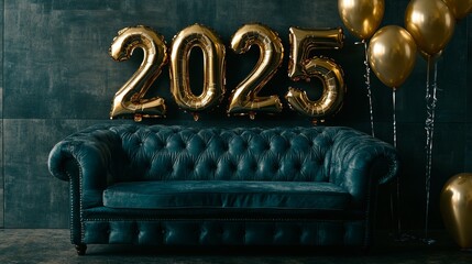 Warm New Year's Eve celebration decor featuring 2025 balloons in the living room.