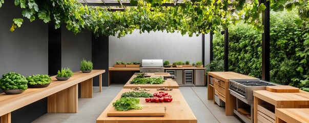 Garden-adjacent outdoor kitchen with wooden prep tables and lush vines overhead