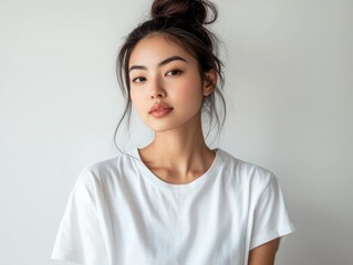 Fototapeta premium Asian Woman Wearing White T-Shirt with Messy Bun, Casual Fashion Portrait Generative AI