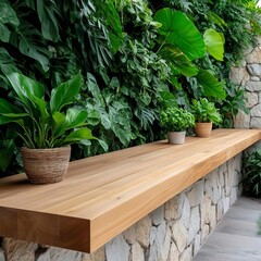 Garden-focused outdoor kitchen with wooden counters, a stone backsplash, and lush greenery