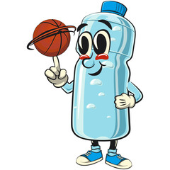 water plastic bottle cartoon mascot character spin the basketball with the index finger, vector illustration isolated, work of hand drawn