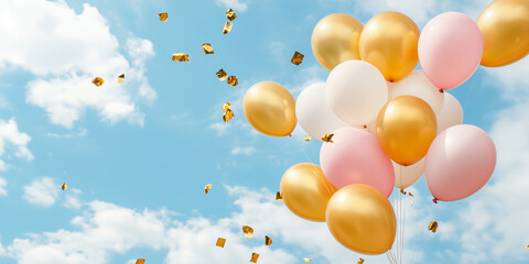 Light pink golden balloons in blue summer sunny sky. Festive beautiful nature landscape. Hope happiness symbol concept photo