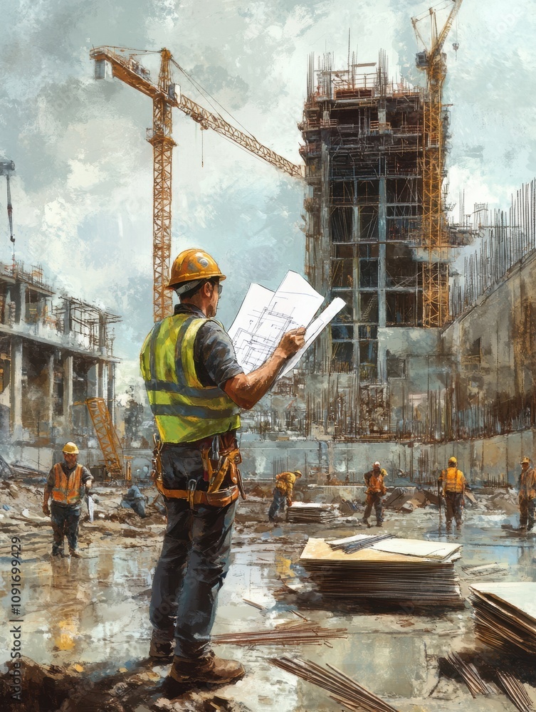 Poster an engineer closely examines blueprints while standing at a bustling construction site surrounded by