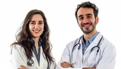 Fototapeta premium Two doctors are standing next to each other, one of them wearing glasses. They are both wearing white coats and appear to be smiling