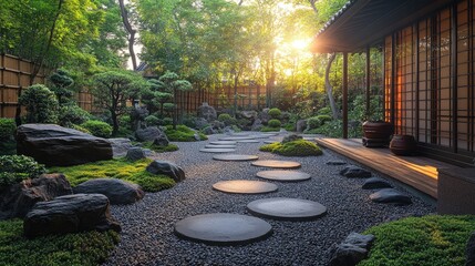 Serene Japanese garden with stepping stones, rocks, and lush greenery at sunset.