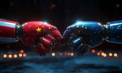 China and USA compete in the artificial intelligence race. Two opposing artificial intelligence robot hands touching each other