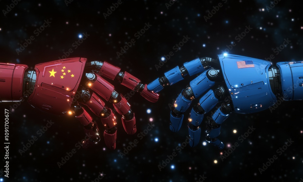 Aufkleber china vs usa robot fingers touch artificial intelligence technology ai learning computer brain