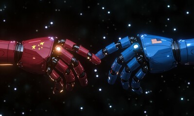 China and USA compete in the artificial intelligence race. Two opposing artificial intelligence robot hands touching each other
