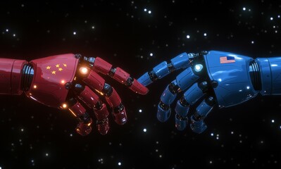China and USA compete in the artificial intelligence race. Two opposing artificial intelligence robot hands touching each other