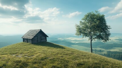 Obraz premium A small wooden hut on a grassy hill, with a single tree next to it and a vast, empty landscape stretching out beyond.
