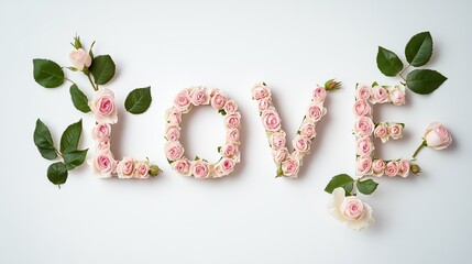 Floral arrangement spells love with pink roses and green leaves on a light background