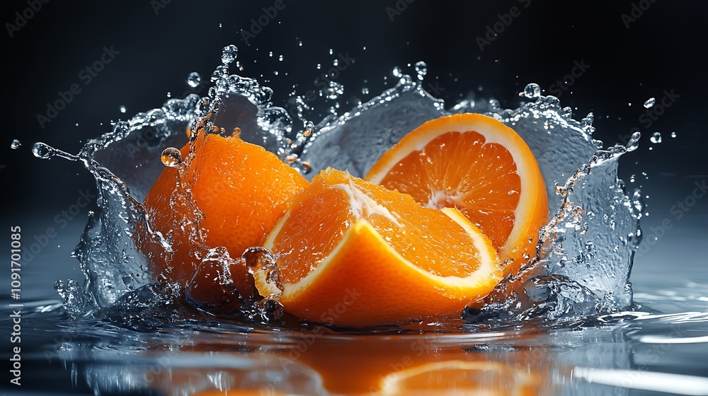 Poster sliced oranges splashing into water creating a vibrant scene