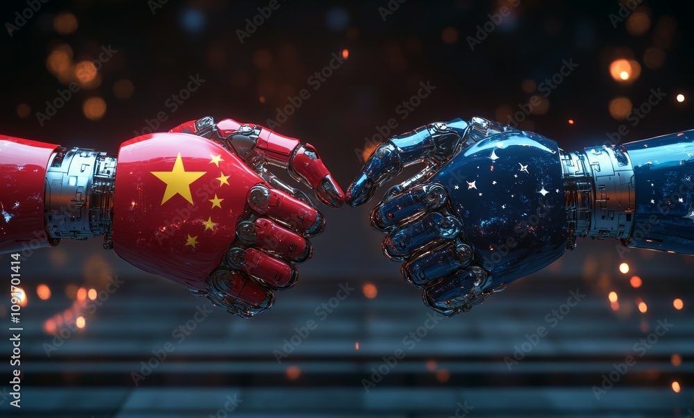 Aufkleber china vs usa robot fingers touch artificial intelligence technology ai learning computer brain