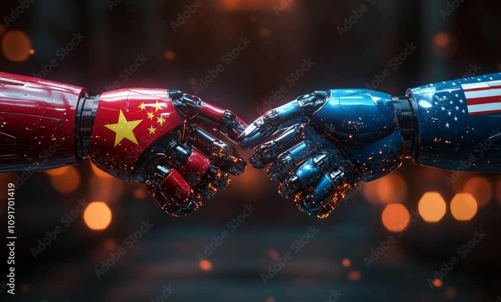 Aufkleber china vs usa robot fingers touch artificial intelligence technology ai learning computer brain