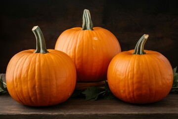Autumn Harvest: Three plump, vibrant pumpkins sit on a rustic wooden surface, exuding the warmth and abundance of fall.  