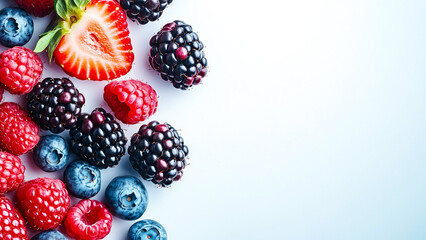 Fresh, juicy mixed berries including strawberries, raspberries, blackberries, and blueberries arranged on a ivory white background with vivid textures.