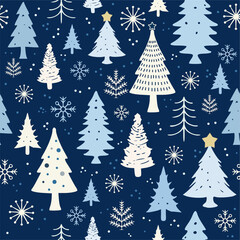 Winter christmas tree seamless pattern on blue background