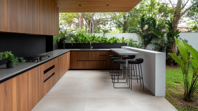 Open-air outdoor kitchen with a U-shaped counter, modern bar stools, and plenty of storage - Powered by Adobe