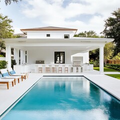 Fototapeta premium Poolside outdoor kitchen with chic white finishes and an open seating plan