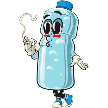 recommend clip art: water plastic bottle cartoon mascot character smoke calmly, vector illustration isolated, work of hand drawn