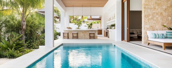 Poolside outdoor kitchen with a swim-up bar, tropical accents, and a stone backsplash - Powered by Adobe