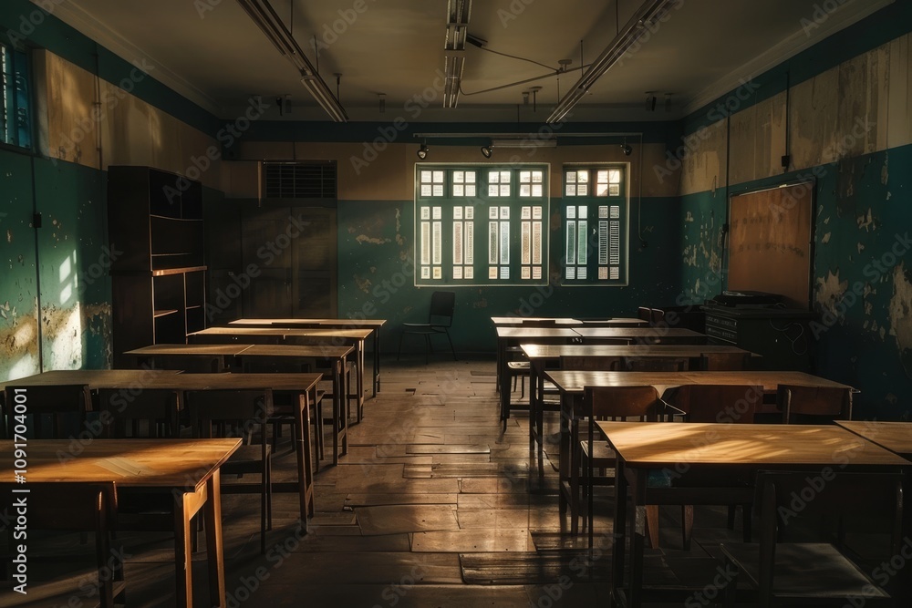 Fototapete sunlight streams through dusty windows in an abandoned classroom, illuminating empty desks and worn 