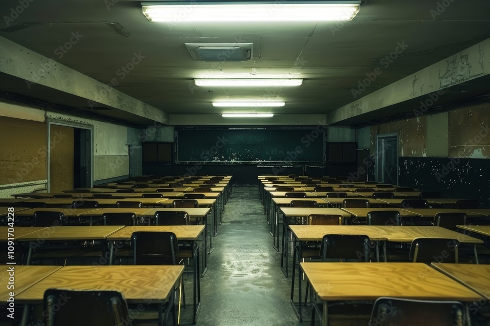 Poster The classroom features neatly arranged wooden desks facing a large chalkboard, with overhead lights casting a soft glow in the dimly lit space.