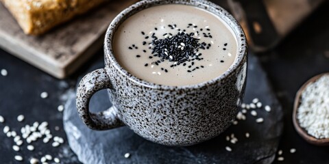 A black sesame latte in a stone mug, with a drizzle of black sesame paste and white sesame garnish
