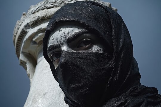 Faceless youtube channel Hijab sleeves faceid Immersive theater docuseries cisgender amab Mubi The zero proof Filmin Contrasting colors A white ancient Greek statue being drenched in black paint by a