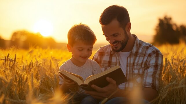 Father and son share a moment reading the bible together in a golden wheat field at dusk