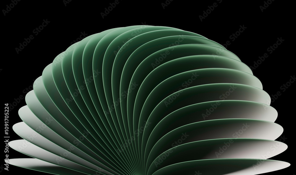 Poster complex green geometric pattern of overlapping discs with gradient shading and smooth curves: an art
