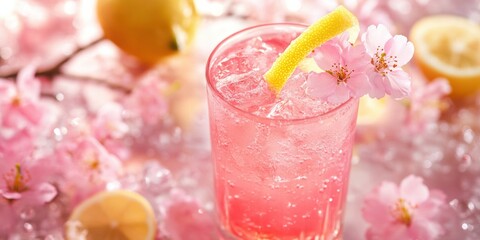 A cherry blossom-inspired drink with pink hues, garnished with cherry blossoms and a lemon twist