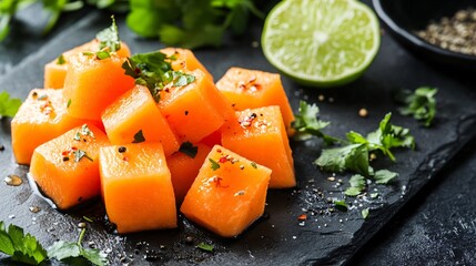 Papaya cubes served with a drizzle of lime and chili powder, styled on a slate background with fresh herbs