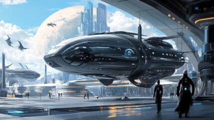 Fototapeta premium Futuristic Spaceship Docked at a Spaceport with Two Figures in the Foreground