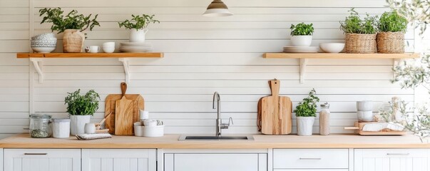 Scandinavian-inspired outdoor kitchen with pale wood counters and minimalist open shelving