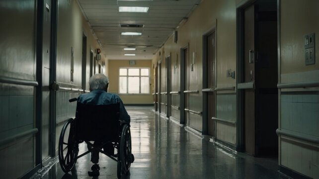 Sad elderly man in wheelchair sitting alone in hospital corridor.
