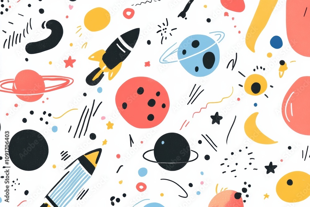 Poster colorful doodles display planets, stars, rockets, and astronauts in a fun and imaginative cosmic set