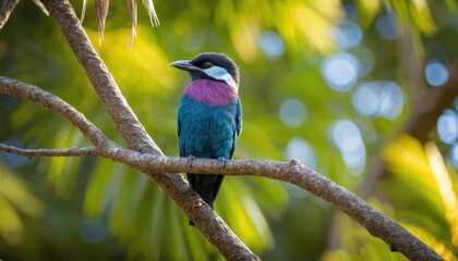 Obraz premium a rare bird perched on a tree branch with vibrant feathers in soft sunlight 