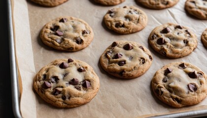 close-up of a tray of freshly baked chocolate chip cookies on parchment paper