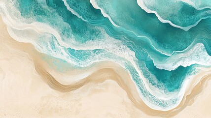 Obraz premium Coastal Serenity: Abstract Teal Ocean Waves on Sandy Beach 