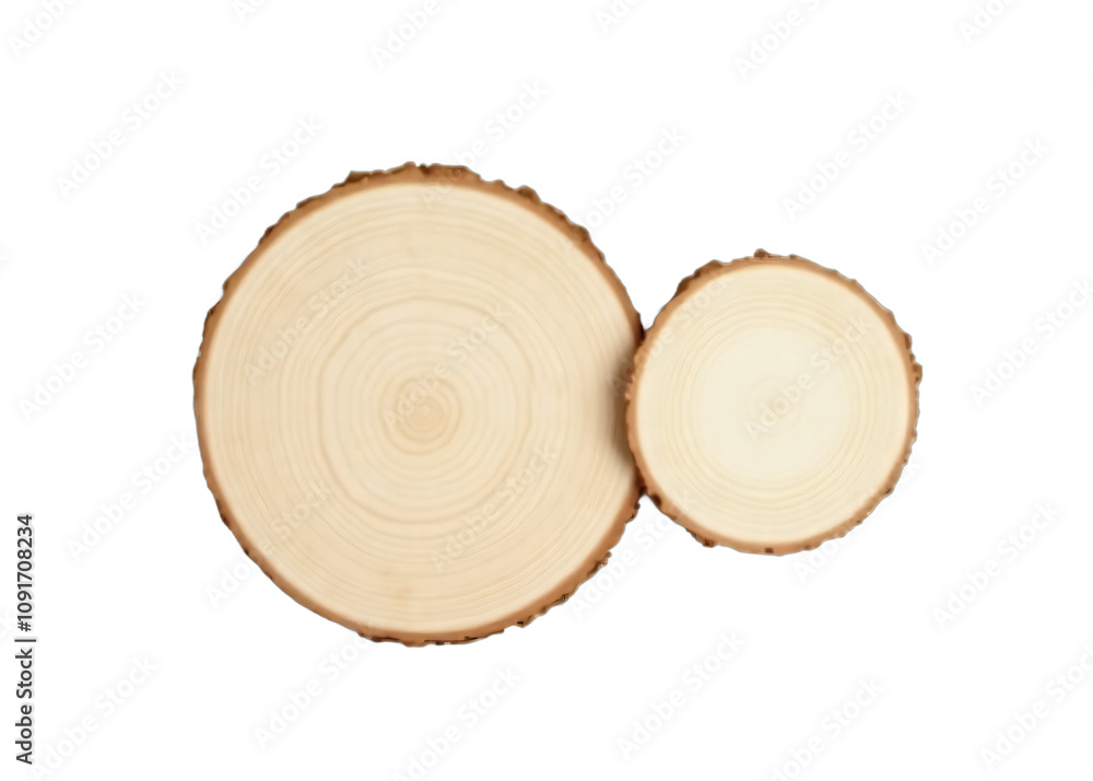 Leinwandbilder Wood slices are placed in isolation against a clean white background using generative AI techniques to create a minimalist aesthetic_001pn